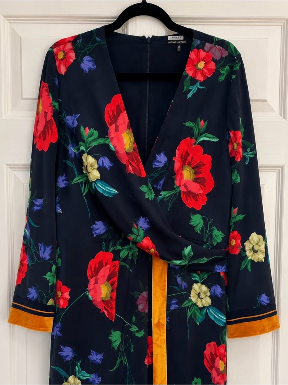 Kolbi Halperin Navy Floral Wrap Sleep Dress with Red & Yellow Blooms